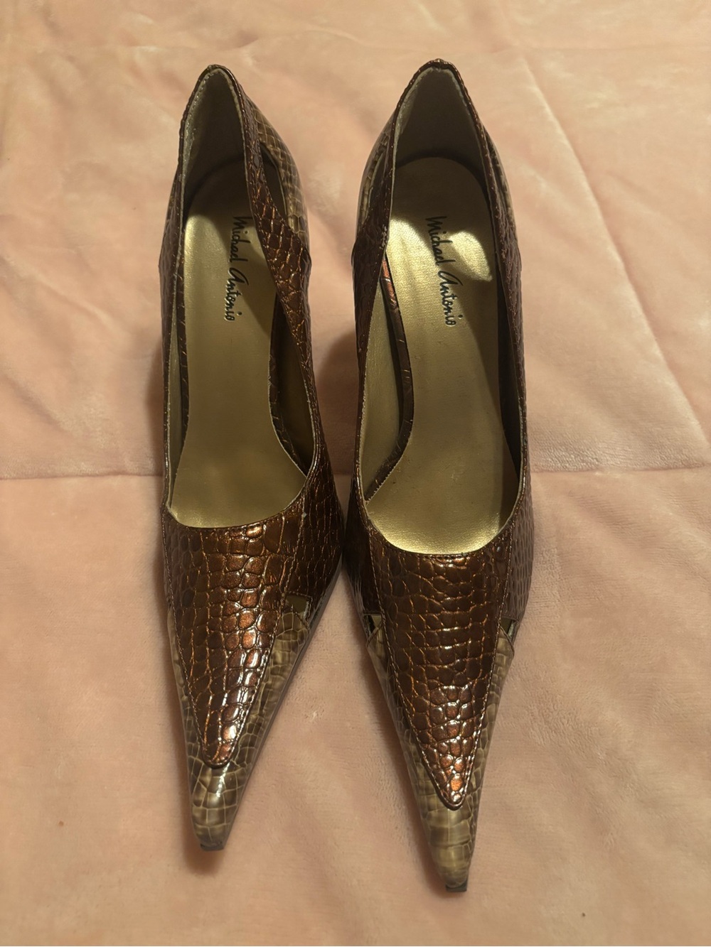 Michael Antonio Metallic Brown Croc-Embossed Pointed-Toe Pumps